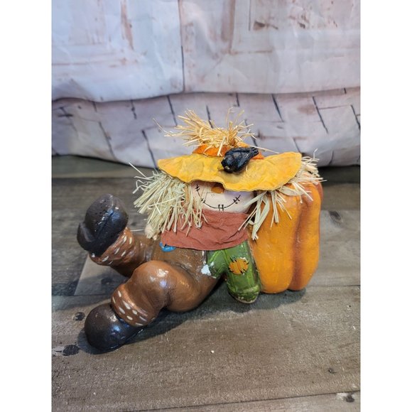 Scarecrow Leaning on pumpkin AS IS crow farmer fall autumn decor - Picture 1 of 6